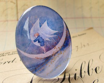 Sailing on the Moon, handmade glass oval cabochon, 25x18mm or 30x40mm, little boy blue, children's book illustration, boat, 25mm 18mm