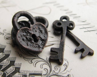 Rustic, weathered heart lock and key charm sets, aged black patina pewter 18mm (2 lock, 2 key charms)  small, oxidized