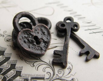 Rustic, weathered heart lock and key charm sets from Bad Girl Castings - aged black patina pewter 18mm (2 lock, 2 key charms) small