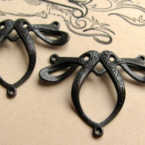 Art Nouveau ribbon necklace link, jewelry finding, oxidized brass, antiqued black brass 2 links curved, bowed connector, black patina image 1