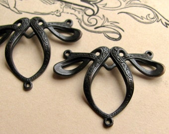 Art Nouveau ribbon necklace link, jewelry finding, oxidized brass, antiqued black brass (2 links) curved, bowed connector, black patina