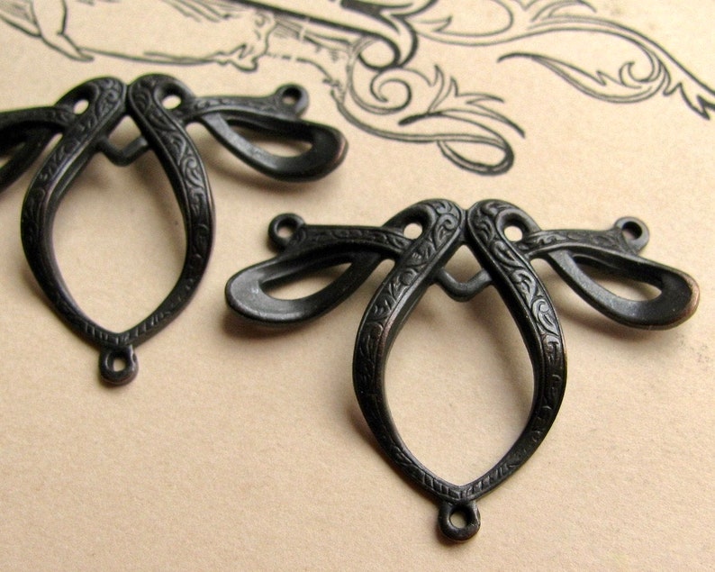 Art Nouveau ribbon necklace link, jewelry finding, oxidized brass, antiqued black brass 2 links curved, bowed connector, black patina image 1