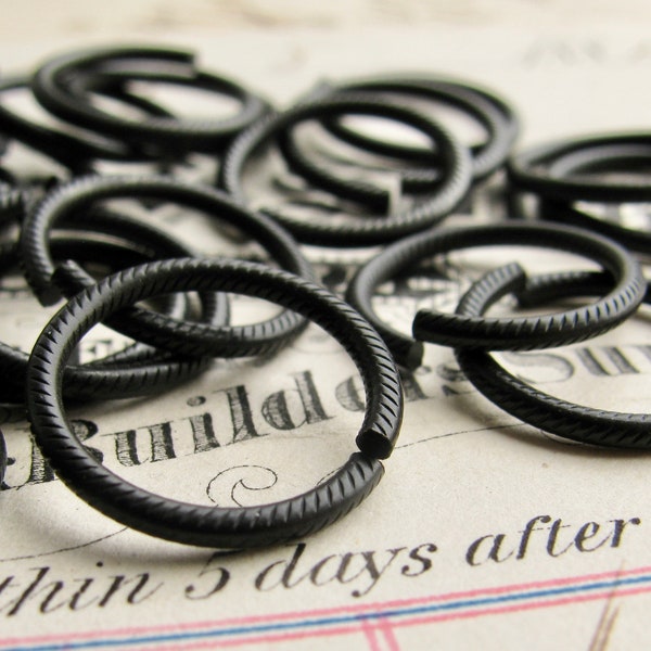 15mm etched jump rings, black antiqued brass (6 rings) 16 gauge textured, grooved, aged oxidized patina, made in the USA