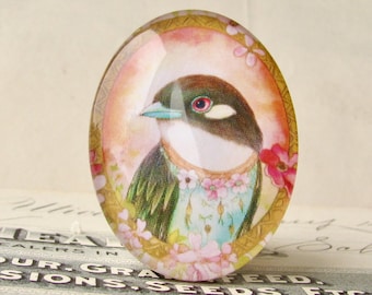 Colorful bird portrait, handmade in this shop, 40x30mm glass oval cabochon