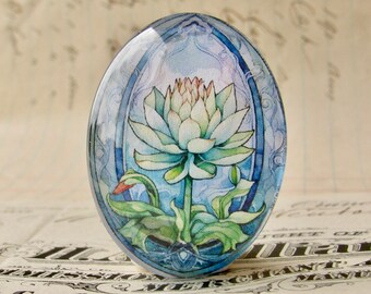 Water Lily / Lotus flower stained glass window, handmade glass cabochon, 40x30mm oval, photo image stone, peace, serenity