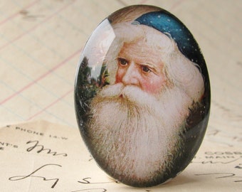 Victorian Father Christmas handmade glass oval cabochon, 40x30mm, winter holiday, vintage Santa, blue white, traditional image