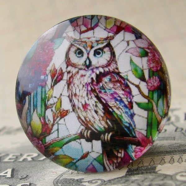 Stained glass window Owl, 25mm round glass cabochon, wisdom bird, handmade in this shop, one inch, bottle cap size, colorful