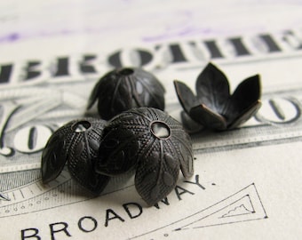 Cherry blossom bead cap, 8mm bead cap (4 black bead caps) antiqued brass, dark oxidized patina, USA made, foliage leaf, embossed