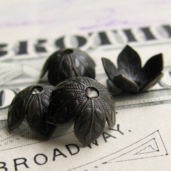 Cherry blossom bead cap, 8mm bead cap (4 black bead caps) antiqued brass, dark oxidized patina, USA made, foliage leaf, embossed