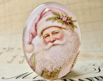 NEW! Pink Victorian Father Christmas, 40x30mm glass oval cabochon, handmade in this shop