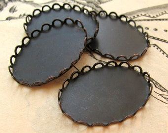 25x18mm lace edge bezel cup settings, black antiqued brass (4 oval scalloped trays) frame for cabochons and stones