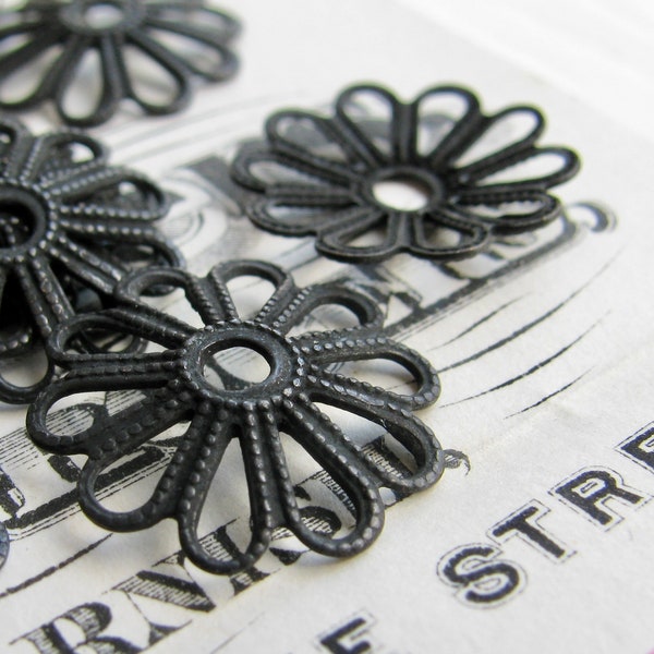 Delicate black daisy bead cap, small flower, 15mm open petals, shallow, dark antiqued brass (6 bead caps) oxidized aged patina