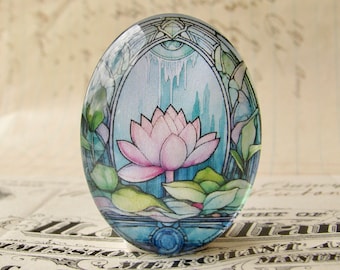 Water Lily / Lotus flower stained glass window, handmade glass cabochon, 40x30mm oval, photo image stone, peace, serenity