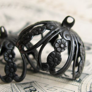 Flower petal filigree bell cap or bail, black antiqued brass (2 bell tops) loop, end cap, glue top, 20mm bead cap, dark oxidized patina