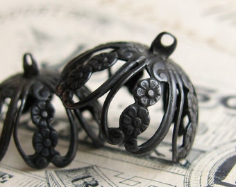 Flower petal filigree bell cap, black antiqued brass (2 bell tops) loop, end cap, glue top, 20mm bead cap, dark oxidized patina