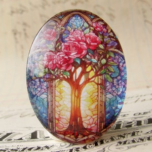 Stained glass window flowering tree, handmade 40x30mm or 25x18mm glass oval cabochon, photo stone, spring, summer, garden, gardening