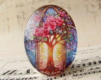 Stained glass window flowering tree, handmade 40x30mm or 25x18mm glass oval cabochon, photo stone, spring, summer, garden, gardening