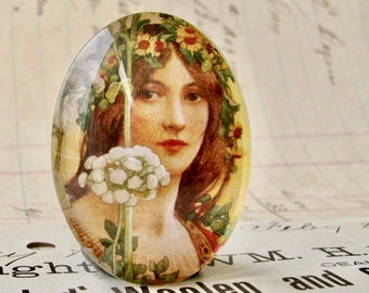 Art Nouveau Élisabeth Sonrel handmade 40x30mm or 25x18mm glass oval cabochon, sunflower, orange, flower tiara crown, woman face