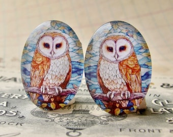 Mirrored pair of stained glass owls for earrings, handmade cabochons, 25x18mm ovals, left right, opposites
