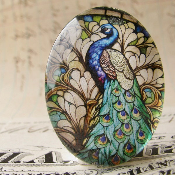 Stained glass window peacock, Beautiful Birds, glass oval cabochon, handmade in this shop, 40x30mm, peacock feather, photo stone