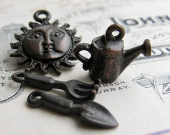 Gardening charm set, antiqued black pewter (4 charms) watering can, sun face, trowel, spade, shovel, trowel tools, oxidized patina
