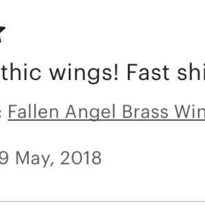 May include: Five star review for Fallen Angel Brass Wings - Archangel wings. The review reads "Gorgeous gothic wings! Fast shipping."