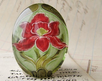 Art Nouveau ceramic tile image under glass, handmade 40x30mm oval cabochon, Belle Époque, red flower, green stem