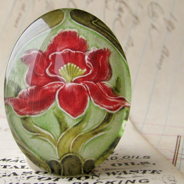 Art Nouveau ceramic tile image under glass, handmade 40x30mm oval cabochon, Belle Époque, red flower, green stem