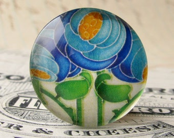 From the "Art Nouveau Ceramic Tiles" series, handmade 25mm round glass cabochon, Belle Époque, blue flower