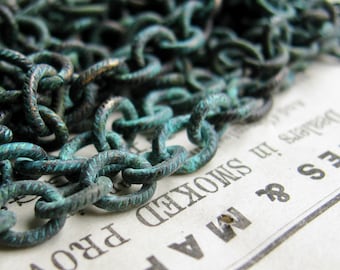 Verdigris etched cable chain, 18ga, blue green patina over oxidized black brass chain, rustic, 7x6mm oval links (per foot)