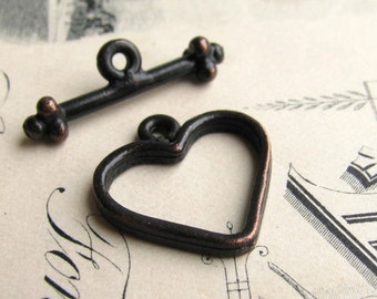 Romantic Heart toggle clasp, black heart, 20mm toggle bar, 2 sets, necklace clasp, oxidized pewter, aged patina, made in USA