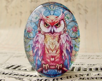 Colorful stained glass eagle owl, 40x30mm or 25x18mm glass oval cabochon, brown blue, wisdom, handmade in this shop, Beautiful Birds