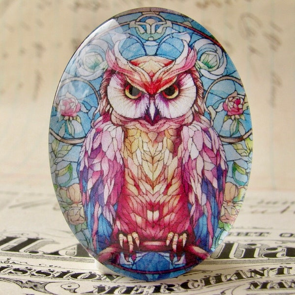 Colorful stained glass eagle owl, 40x30mm or 25x18mm glass oval cabochon, brown blue, wisdom, handmade in this shop, Beautiful Birds