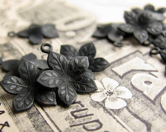 Cupped black flower charm, dark antiqued brass, 12mm (4 little flower charms) aged patina, oxidized brass charm