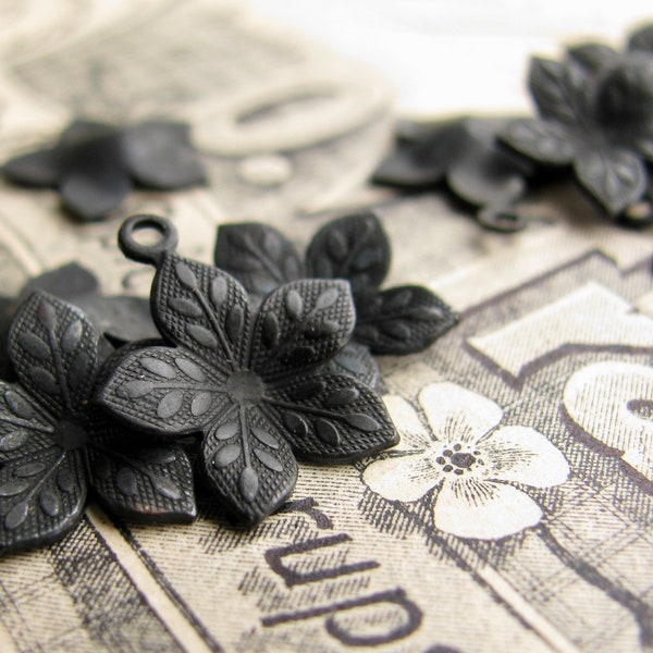 Cupped black flower charm, dark antiqued brass, 12mm (4 little flower charms) aged patina, oxidized brass charm