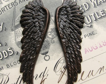 Fallen Angel Brass Wings "Seraphim" 53mm, pair of black angel wings, aged oxidized patina, guardian angel, dark ornament, large big textured