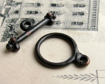 Elegant, simple toggle clasps, round 12mm circle, 20mm toggle bar, 2 sets, black pewter, aged patina, necklace closure, toggle set