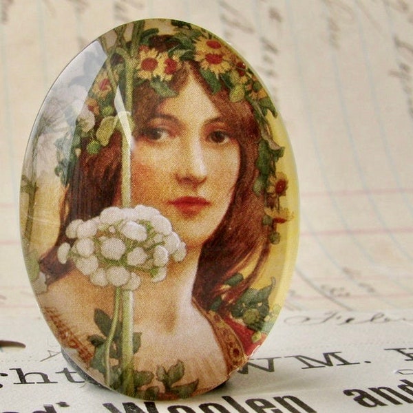 Art Nouveau, Élisabeth Sonrel, handmade 40x30mm or 25x18mm glass oval cabochon, sunflower, orange, flower tiara crown, woman face