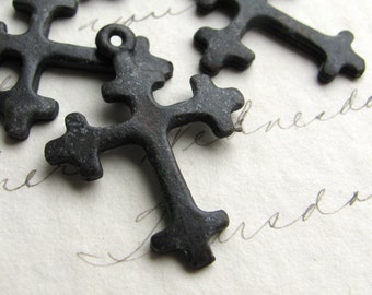 Crusades cross charm, 27mm, solid antiqued black pewter  (2 small pendants) distressed oxidized patina