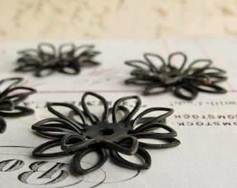 Water Lily / Lotus - delicate nesting flower bead cap, black oxidized patina (4 sets) dark brass