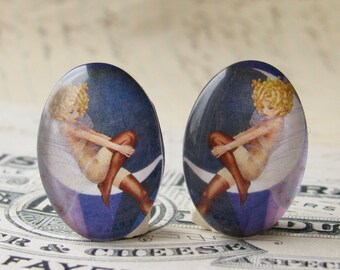 1920s vintage stocking ad, 25x18mm glass oval cabochons, mirrored pair, opposites, flapper era, Jazz fashion, Blue Moon