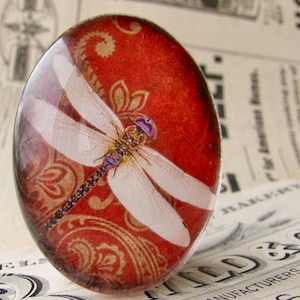 Red dragonfly cabochon, 40x30mm or 25x18mm handmade cabochon, glass oval cabochon, artisan crafted in this shop, Winged Wonder