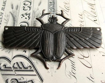 Large Egyptian scarab beetle pendant with drilled holes in wings, black antiqued brass, 70mm, oxidized patina
