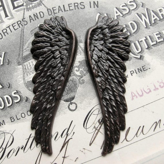Fallen Angel Brass Wings "Seraphim" 53mm, pair of black angel wings, aged oxidized patina, guardian angel, dark ornament, large big textured