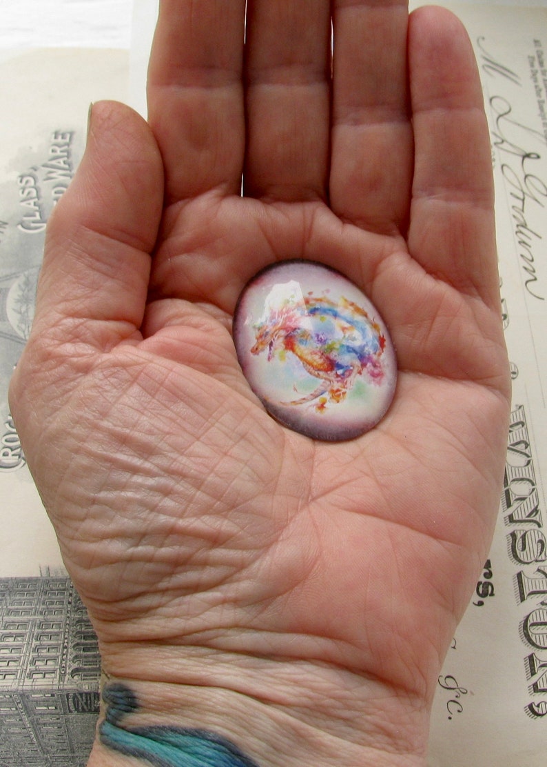 Colorful floral dragon, handmade 40x30mm glass oval cabochon, photo stone, creatures, flowers, fantasy, rainbow image 2