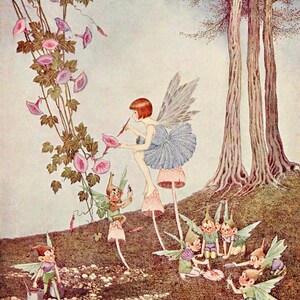May include: A fairy with blue wings and a blue dress sits on a mushroom, painting a pink flower.  Several small fairies with wings are gathered around a pink flower on the ground.
