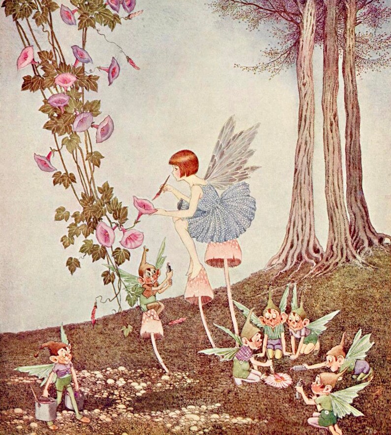 May include: A fairy with blue wings and a blue dress sits on a mushroom, painting a pink flower.  Several small fairies with wings are gathered around a pink flower on the ground.