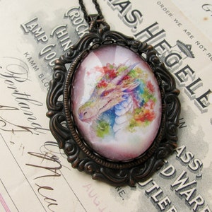 Colorful floral dragon, handmade 40x30mm glass oval cabochon, photo stone, creatures, flowers, fantasy, rainbow image 3