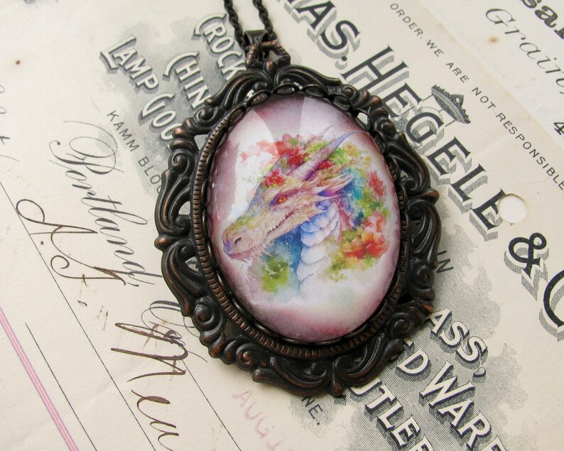 Colorful floral dragon, handmade 40x30mm glass oval cabochon, photo stone, creatures, flowers, fantasy, rainbow image 3