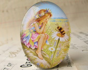 NEW! Fairy talking with a bee, sitting in a meadow, 40x30mm glass oval cabochon, exclusive to Fallen Angel Brass, handmade in this shop